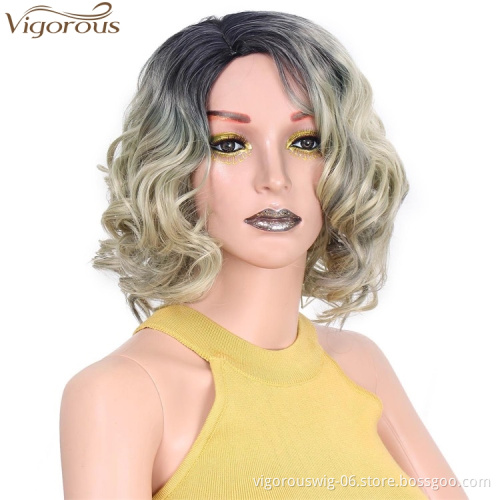 Vigorous Dropshipping Short Curly Wavy Wig Ombre Blonde Bob Part Side Synthetic Wigs For Women Heat Resistant Fiber